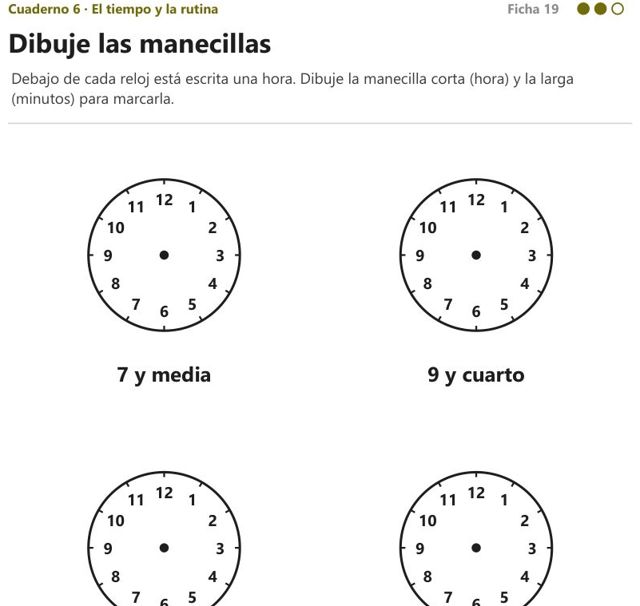 Ficha «Dibuje las manecillas» del Cuaderno 6